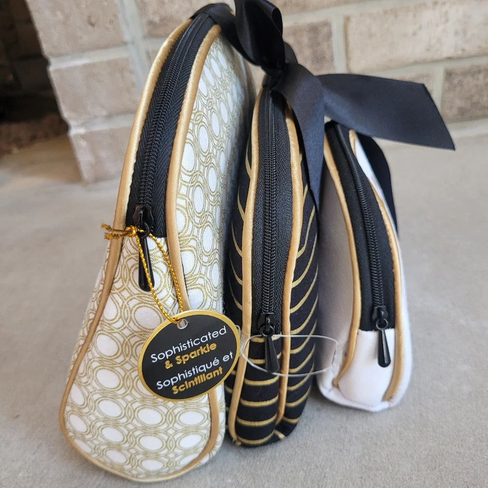 *NWT* 3pc Make-up bag set. Talk is Chic- Black, White & Gold
